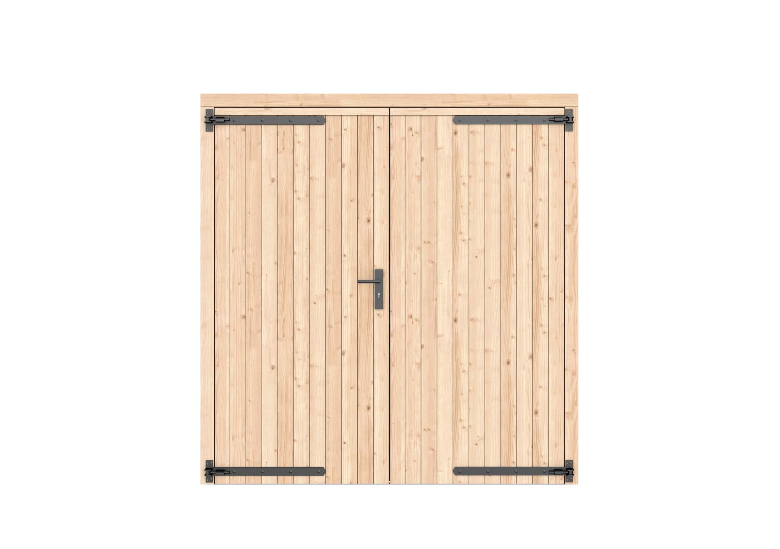 Vuren dichte dubbele deur 201x209cm | zwart beslag | kleurloos geïmpregneerd