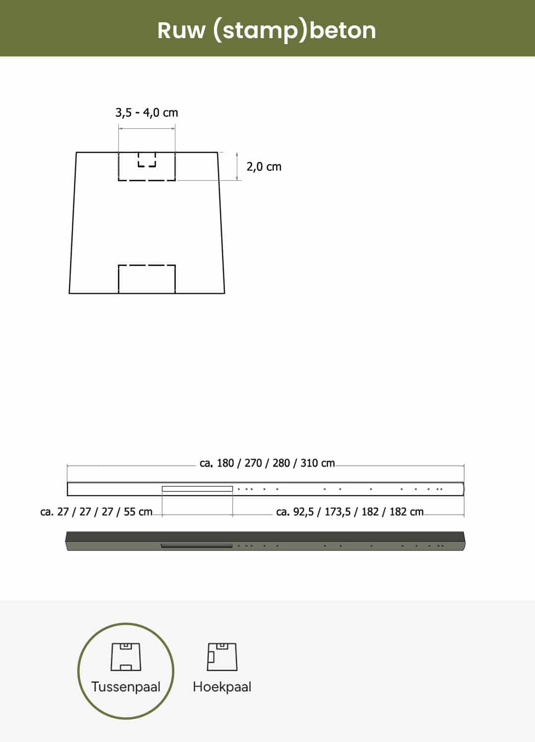 Beton | tussenpaal stampbeton | 10x10x180cm | grijs