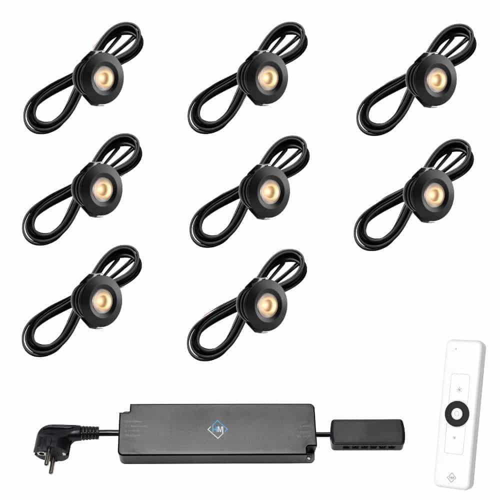 Set spots zwart | 8 st. incl. trafo | afstandsbediening en kabel van 5 meter