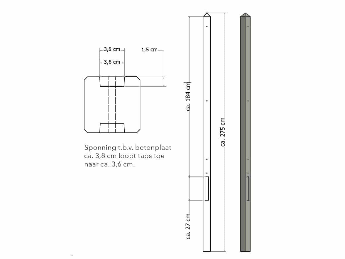 Beton | lichtgewicht tussenpaal met diamantkop | 8,5x8,5x275cm | ongecoat | grijs