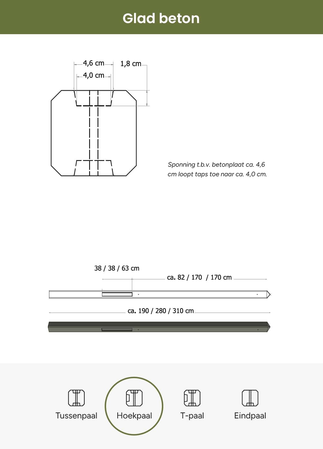 Beton | hoekpaal glad met diamantkop | 10x10x310cm | grijs | ongecoat
