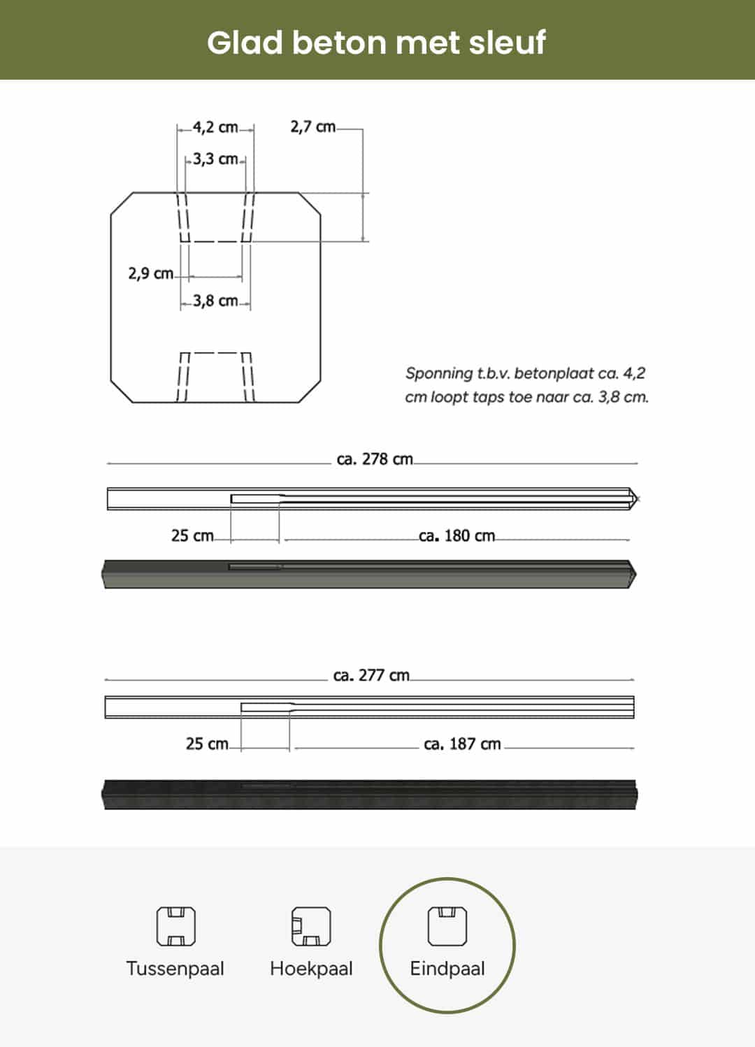 Beton | eindpaal met sleuf en diamant kop | 11,5x11,5x278cm | grijs | ongecoat