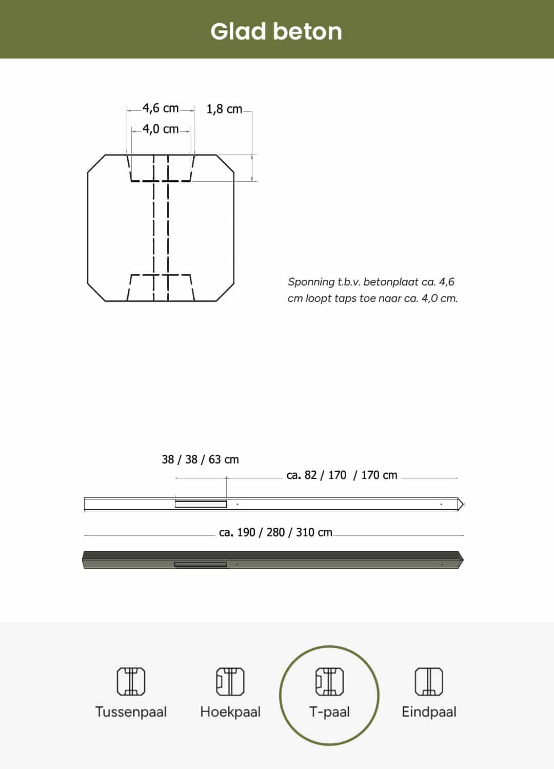 Beton | T-paal glad met diamantkop | 10x10x280cm | antraciet | ongecoat