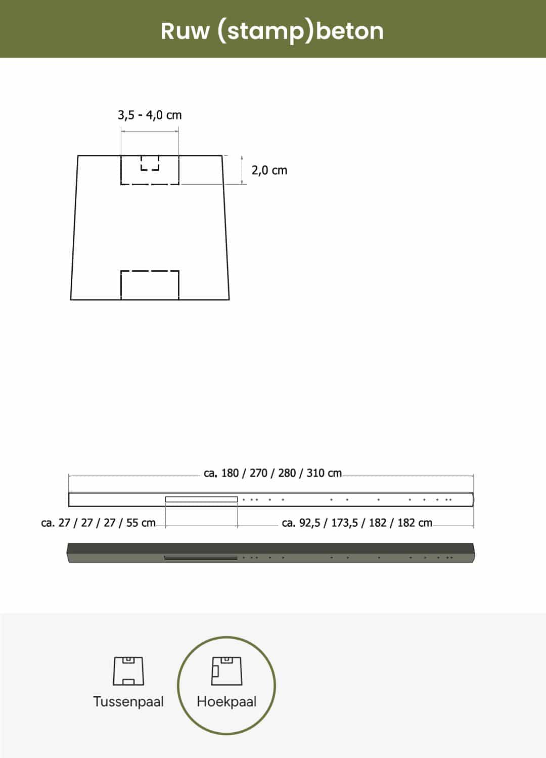 Beton | hoekpaal stampbeton | 10x10x280cm | grijs
