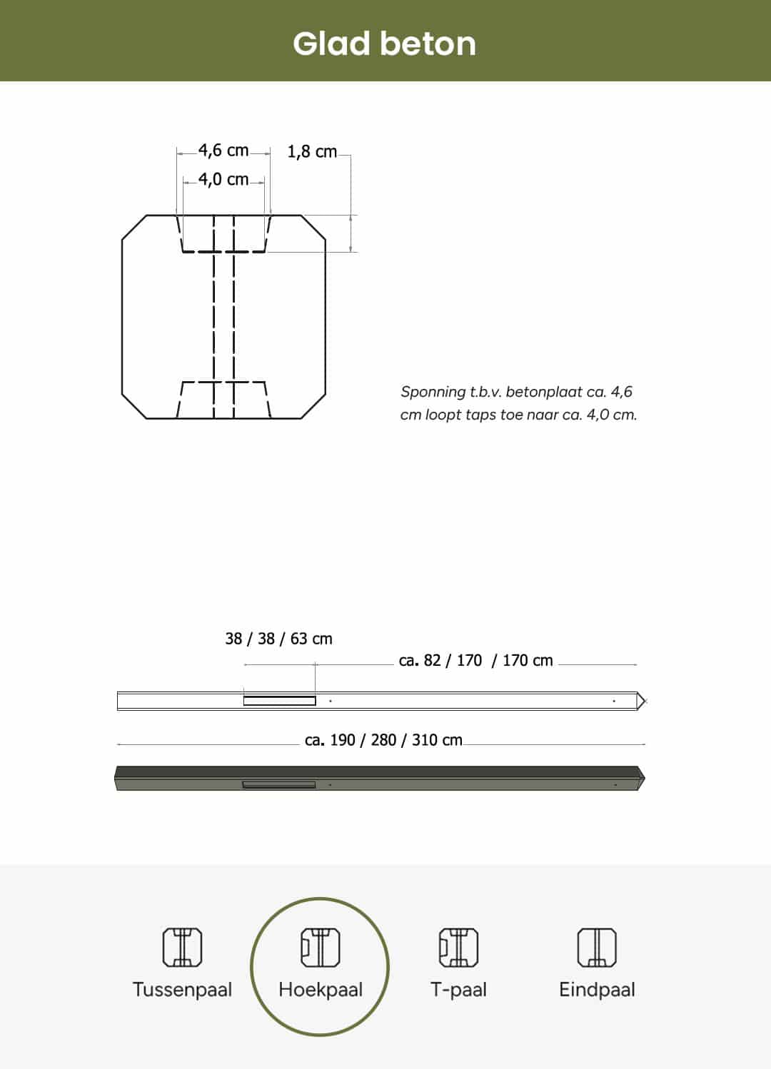 Beton | hoekpaal glad met diamantkop | 10x10x280cm | grijs | ongecoat