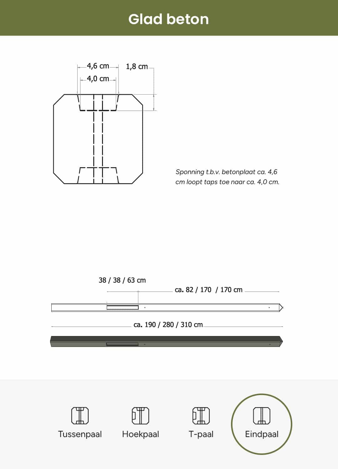 Beton | eindpaal glad met diamantkop | 10x10x280cm | antraciet | ongecoat