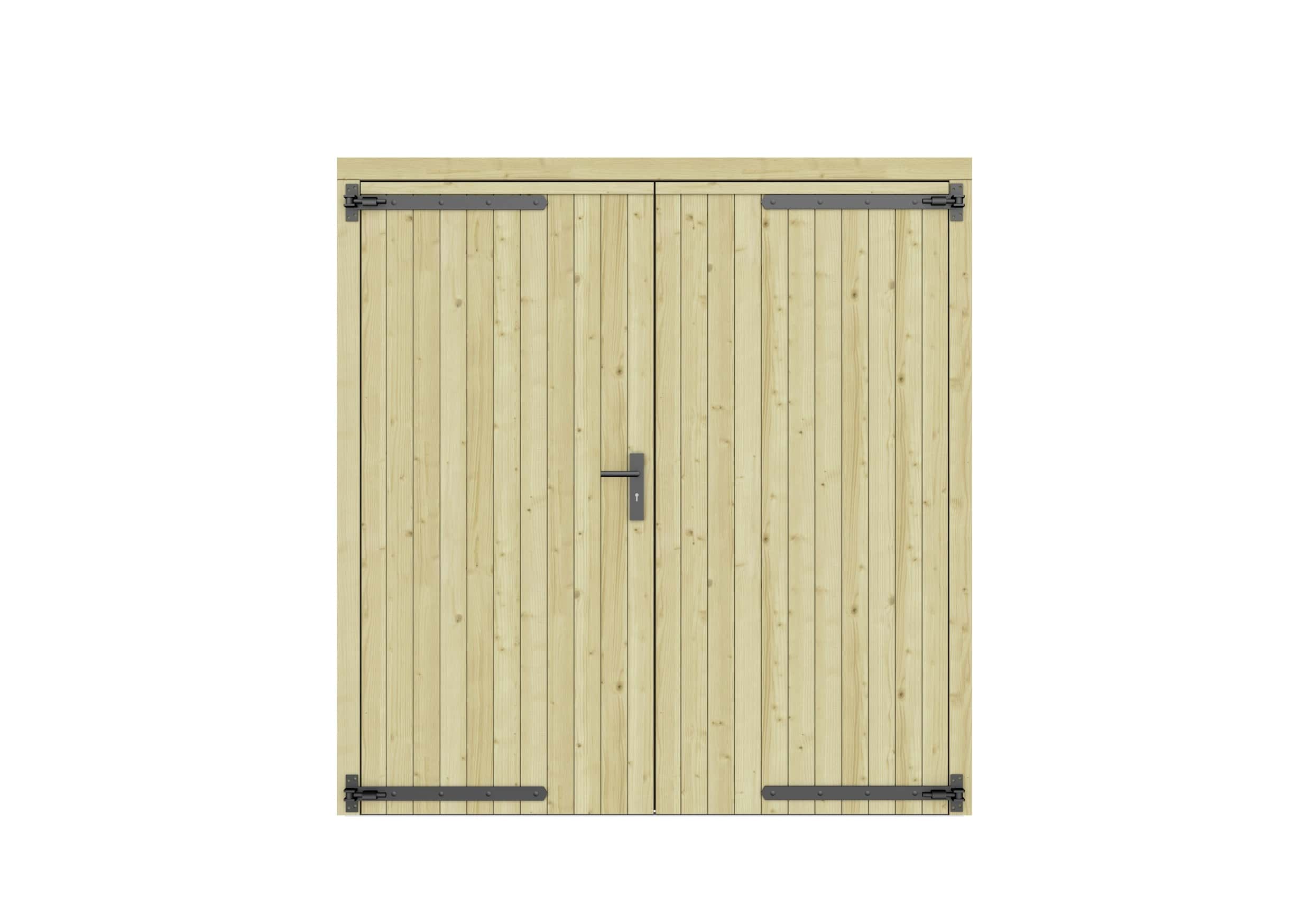 Vuren dichte dubbele deur 201x209cm | zwart beslag | groen geïmpregneerd