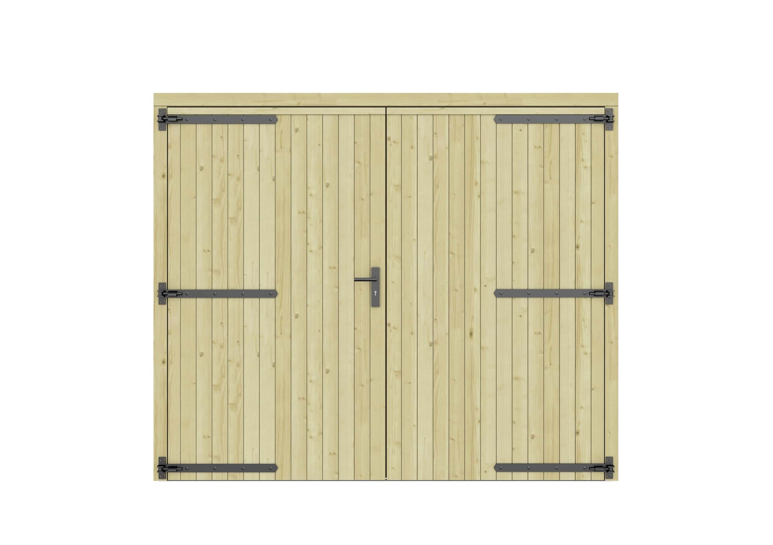 Vuren dichte dubbele deur 250x209cm | zwart beslag | groen geïmpregneerd