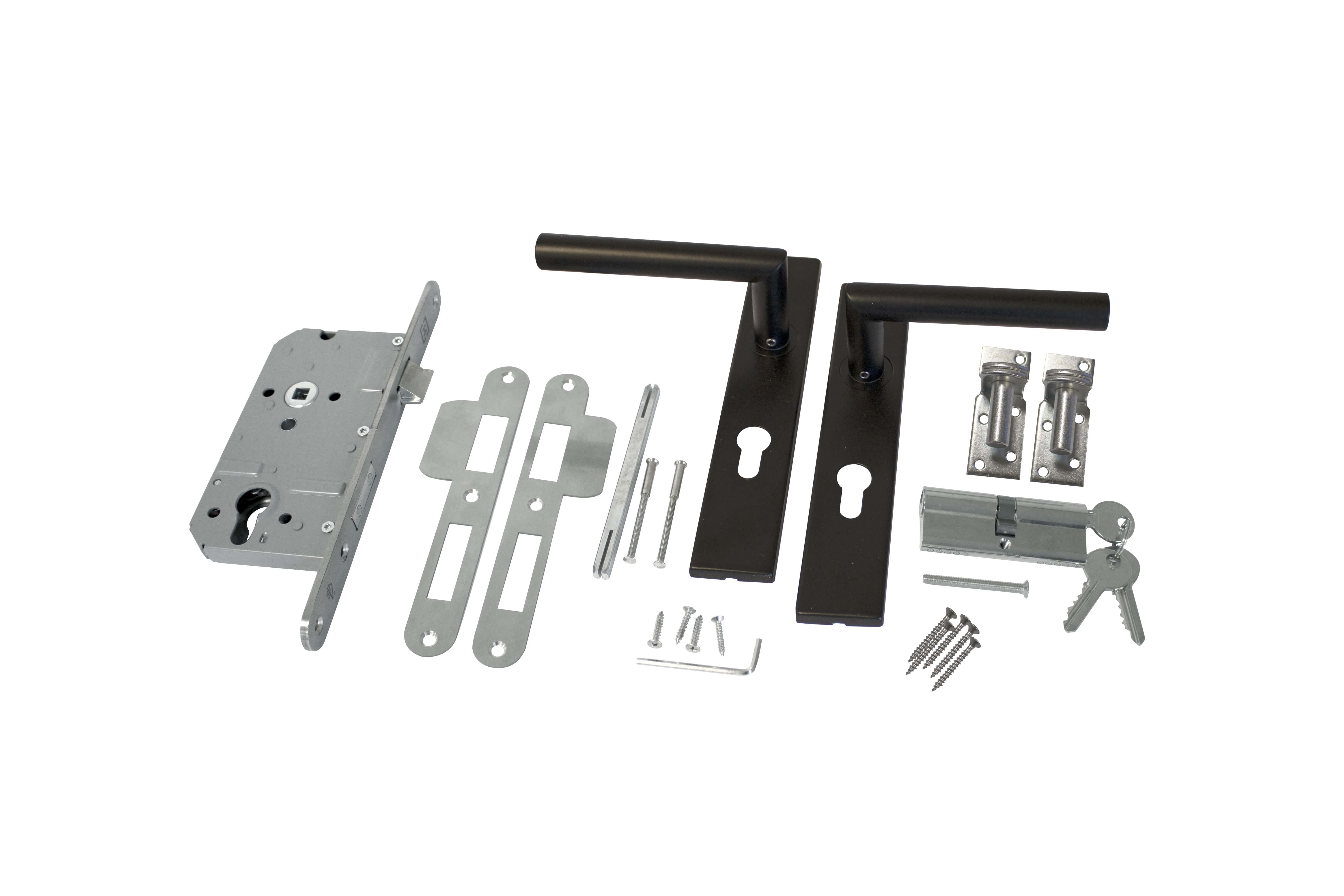 RVS luxe deurbeslagset zwart gecoat | SKG keurmerk met slotkast | cilinder | slot en duimen
