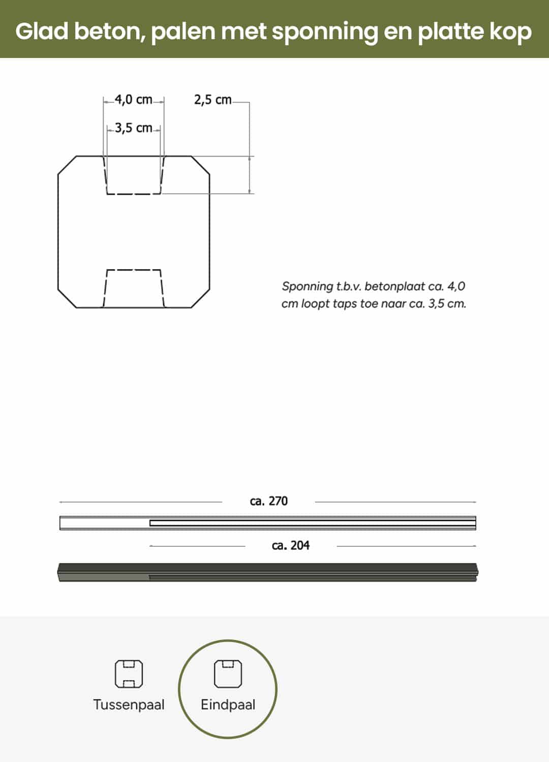 Beton | eindpaal glad met vellingkant | v.z.v. sleuf | 10x10x270cm | antraciet | ongecoat