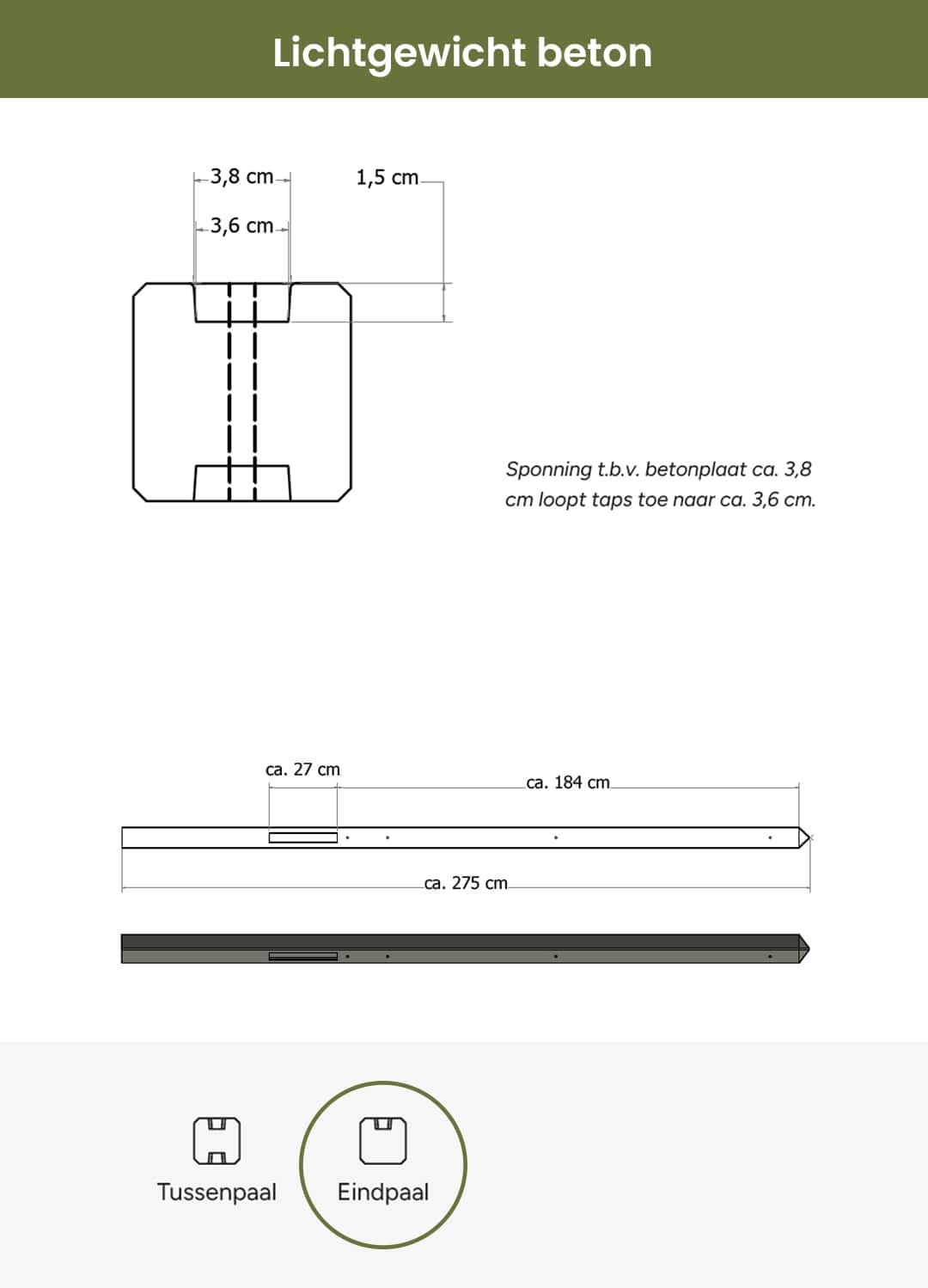 Beton | lichtgewicht eindpaal met diamantkop | 8,5x8,5x275cm | ongecoat | antraciet