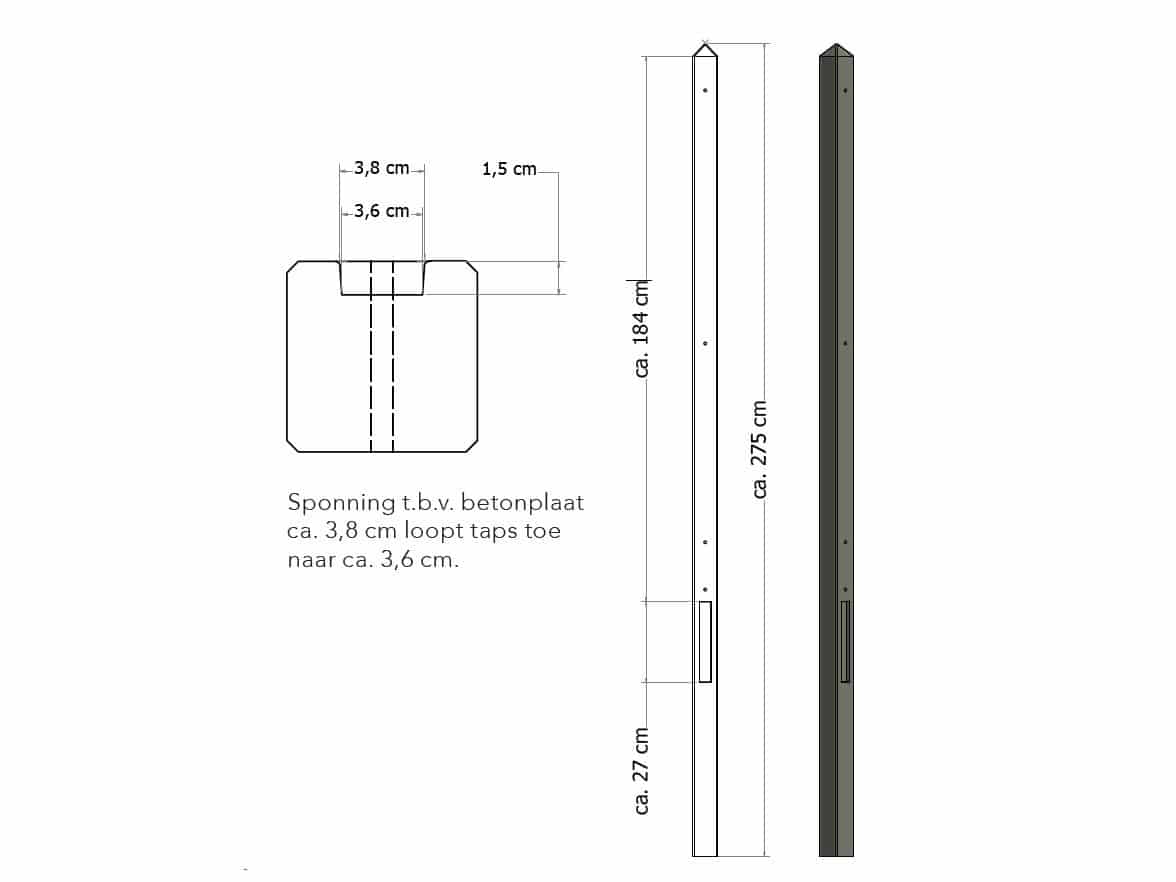 Beton | lichtgewicht eindpaal met diamantkop | 8,5x8,5x275cm | ongecoat | antraciet