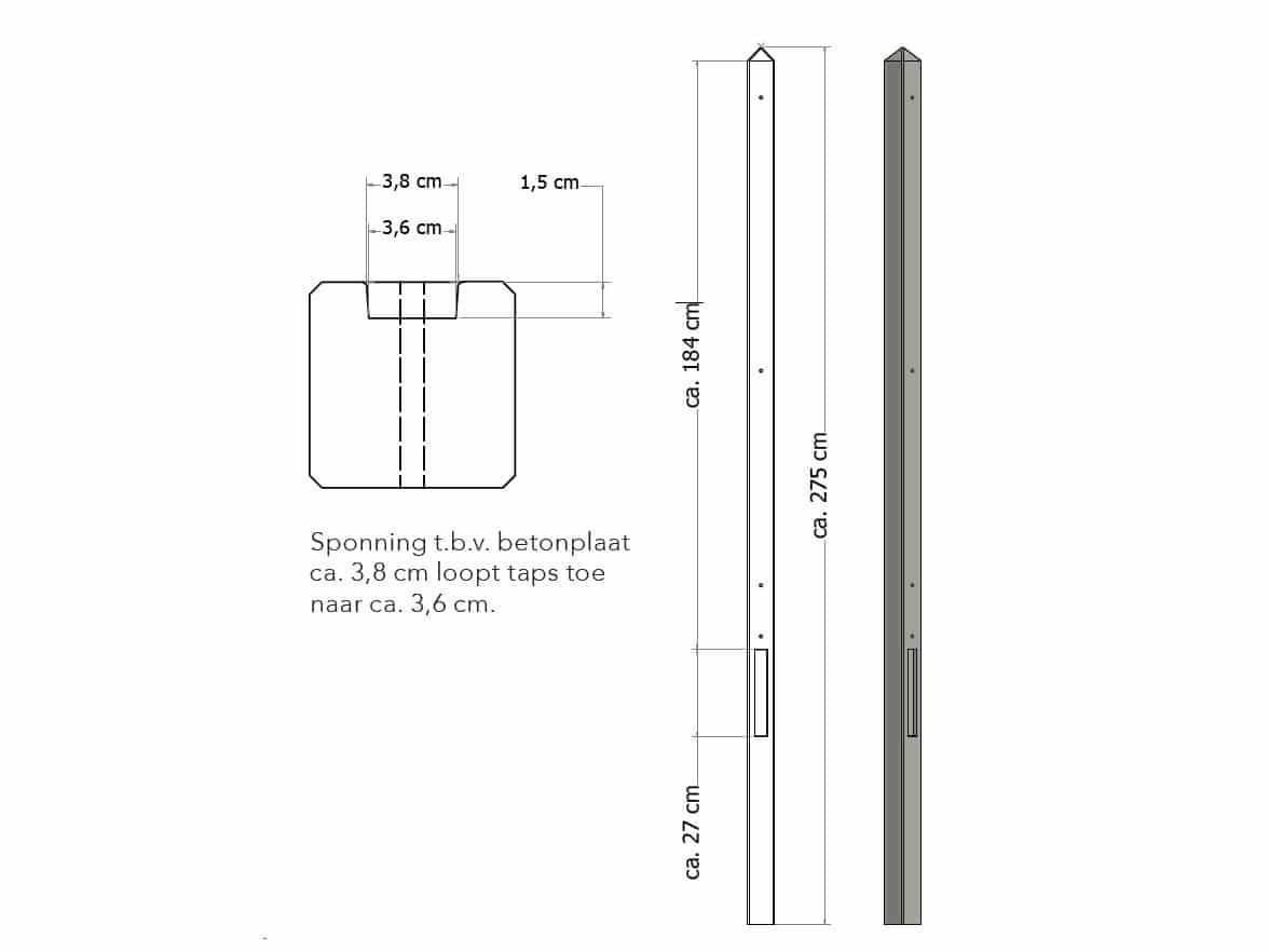 Beton | lichtgewicht eindpaal met diamantkop | 8,5x8,5x275cm | ongecoat | grijs