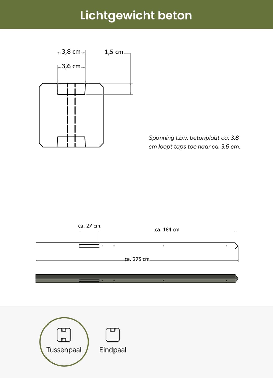 Beton | lichtgewicht tussenpaal met diamantkop | 8,5x8,5x275cm | ongecoat | grijs