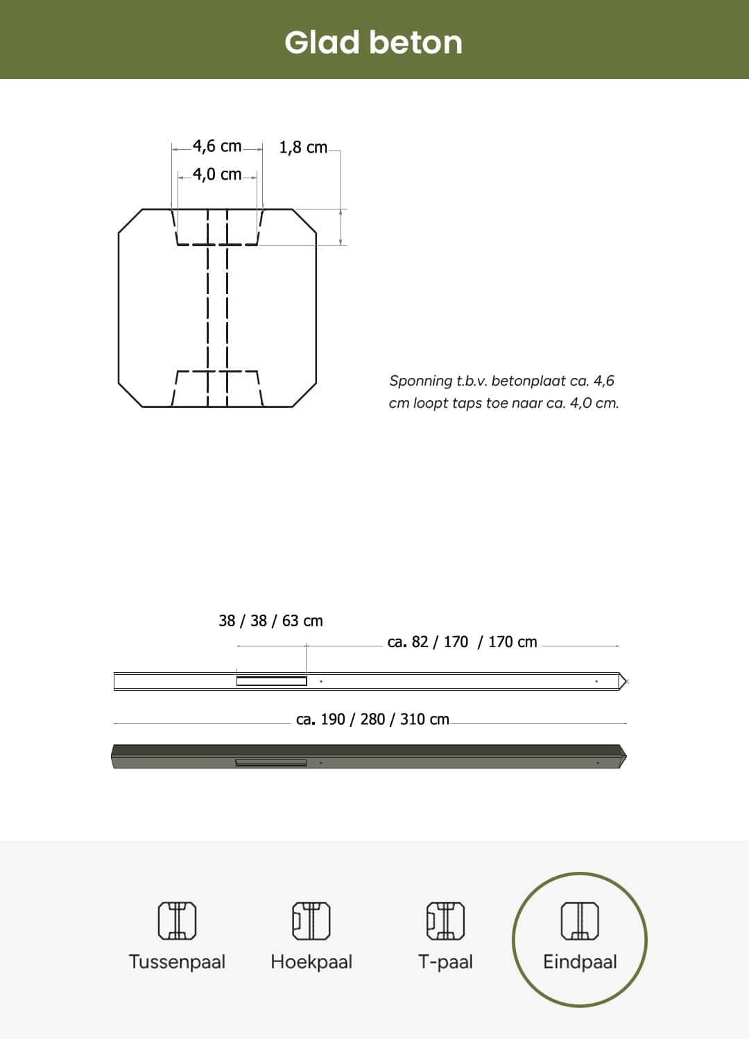 Beton | eindpaal glad met diamantkop | 10x10x190cm | grijs | ongecoat