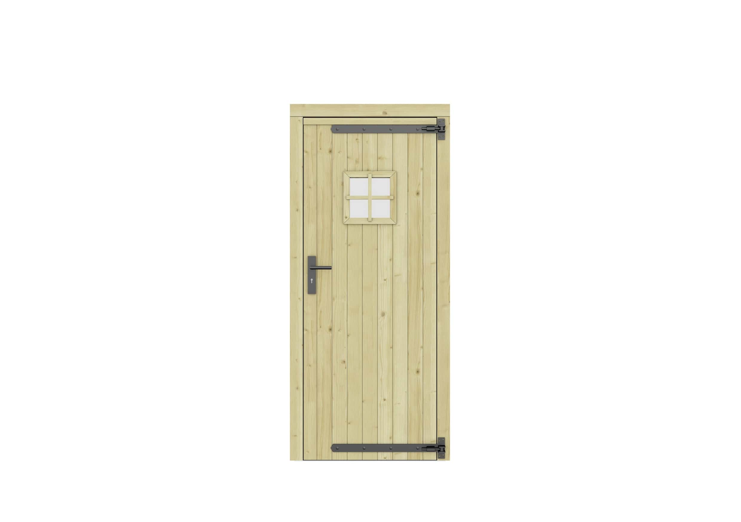 Vuren dichte enkele deur + ruitje 90x201cm | rechtsdraaiend | zwart beslag | groen geïmpregneerd