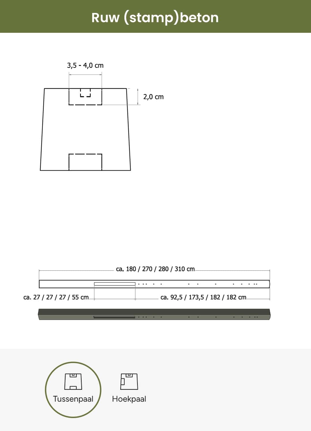 Beton | tussenpaal stampbeton | 10x10x280cm | grijs