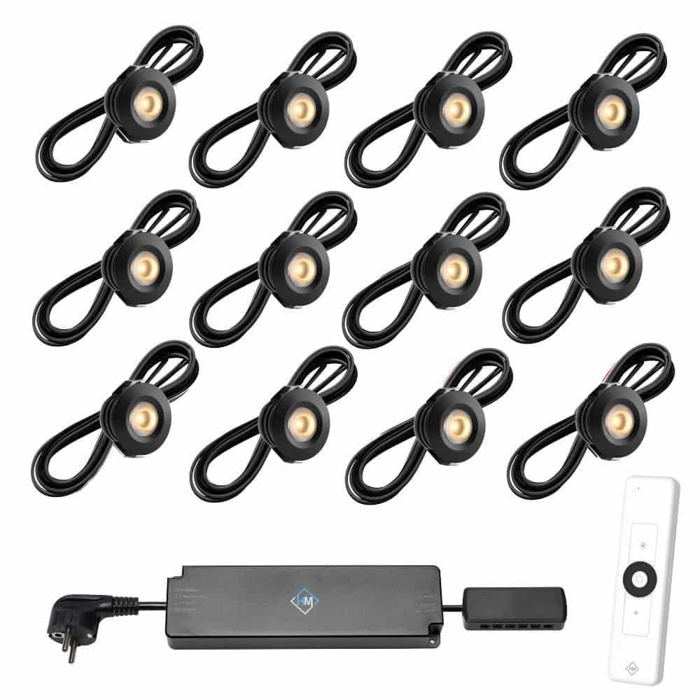 Set spots zwart | 12 st. incl. trafo | afstandsbediening en kabel van 5 meter
