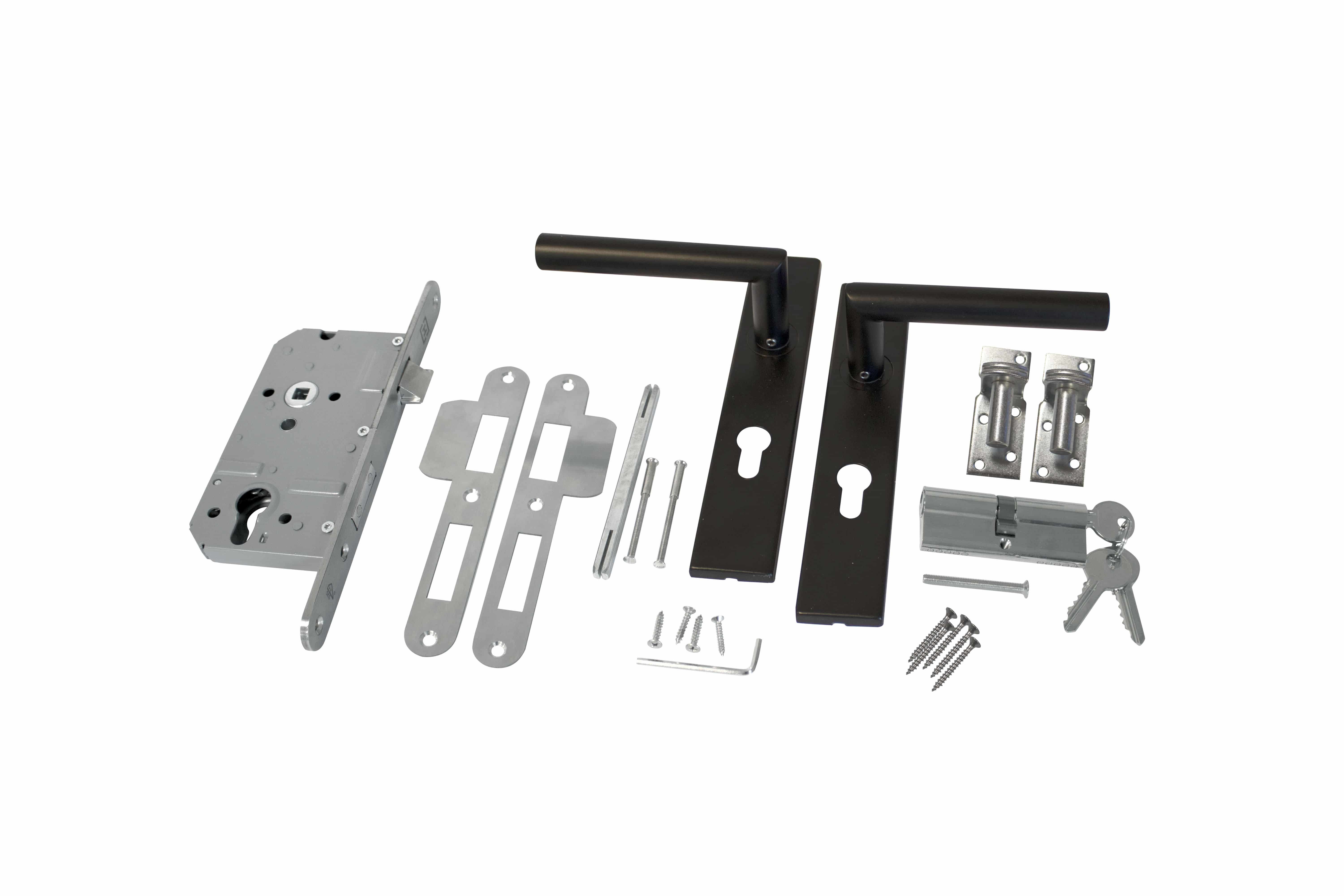 RVS luxe deurbeslagset zwart gecoat | SKG keurmerk met slotkast | cilinder | slot en duimen