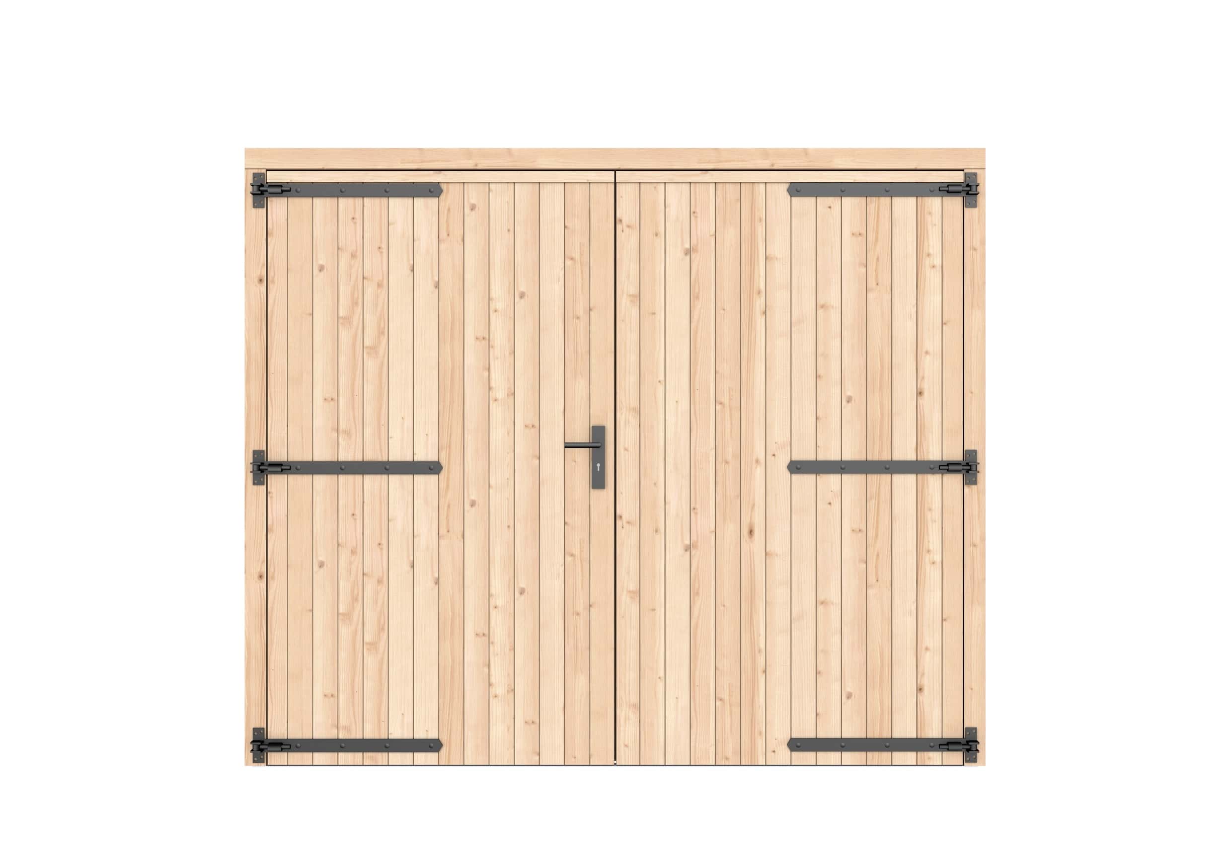 Vuren dichte dubbele deur 250x209cm | zwart beslag | onbehandeld