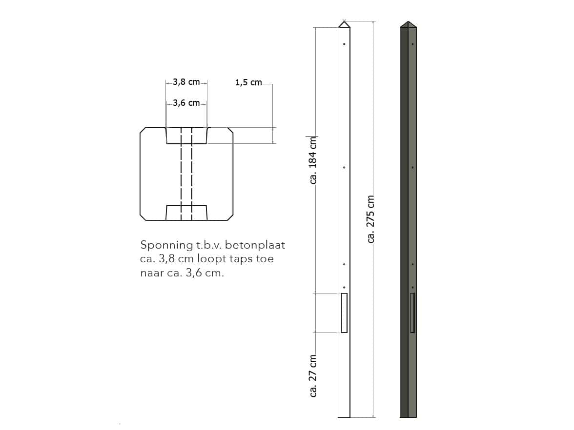 Beton | lichtgewicht tussenpaal met diamantkop | 8,5x8,5x275cm | ongecoat | antraciet