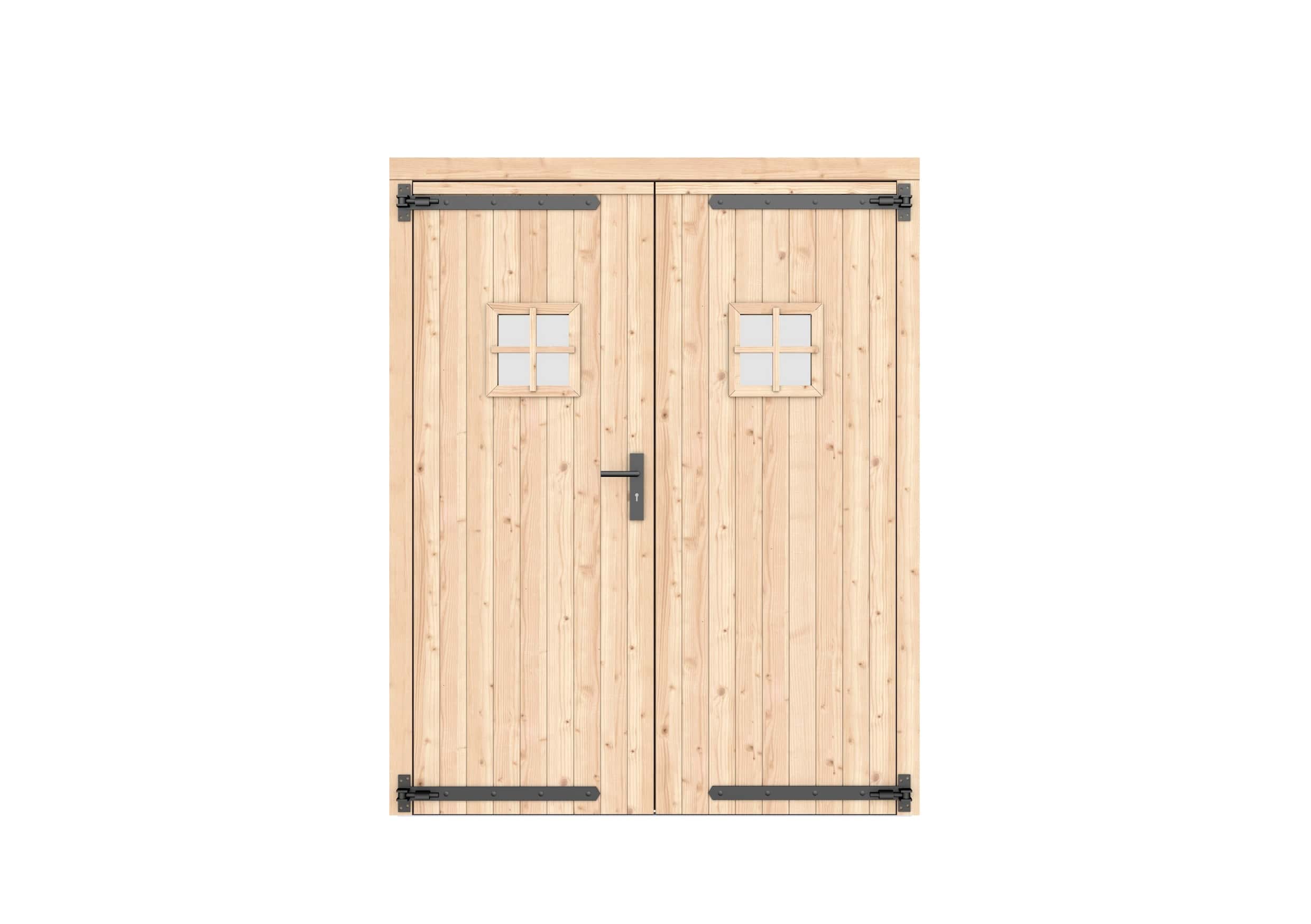 Vuren dichte dubbele deur met ruitje 168x209cm | zwart beslag | kleurloos geïmpregneerd