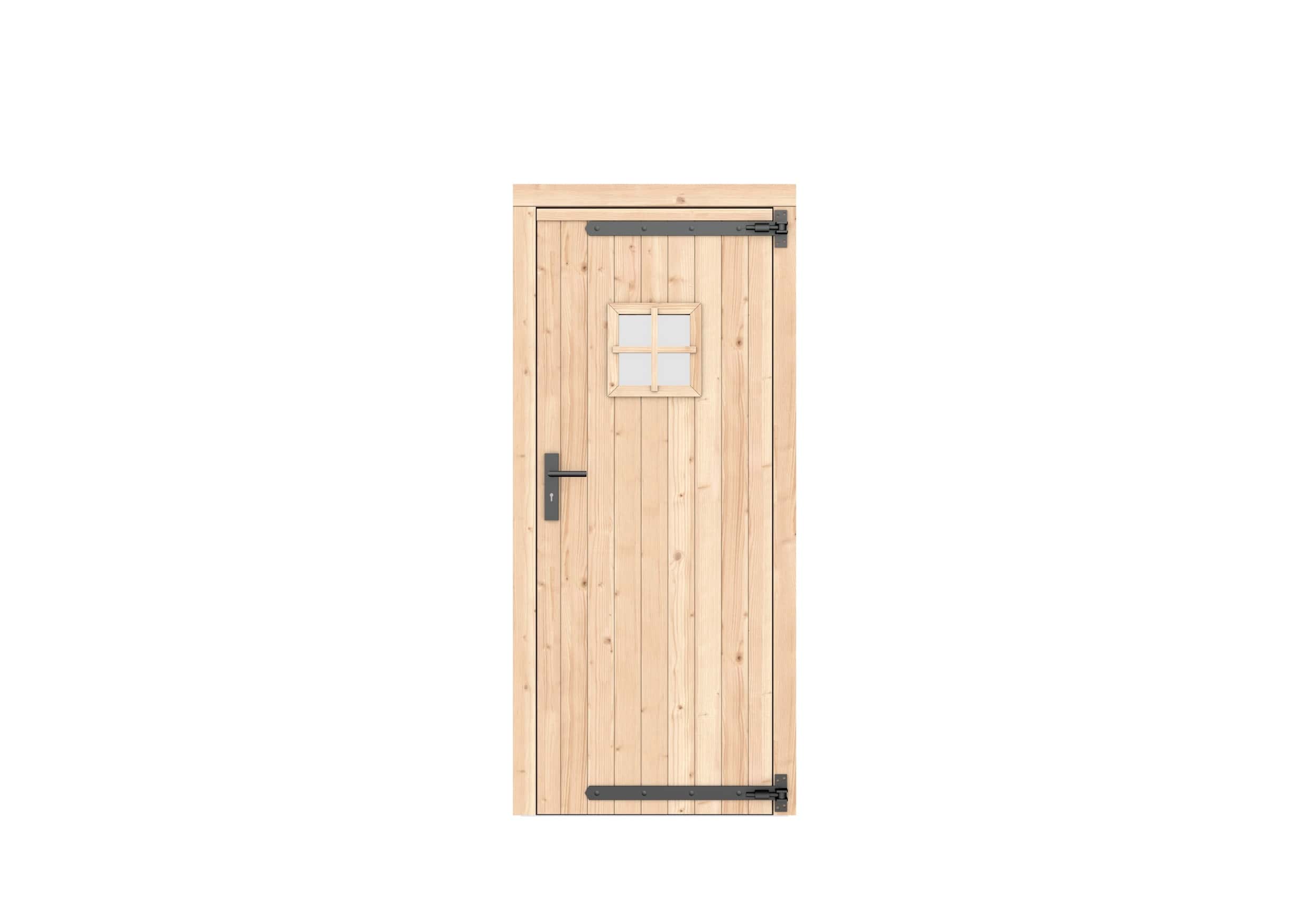 Vuren dichte enkele deur + ruitje 90x201cm | rechtsdraaiend | zwart beslag | kleurl. geïmpregneerd